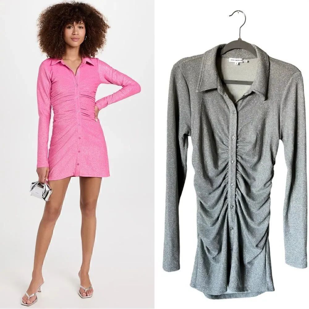 Good American Mini Gray Dress Sparkle Long Sleeve Shirt Size 2